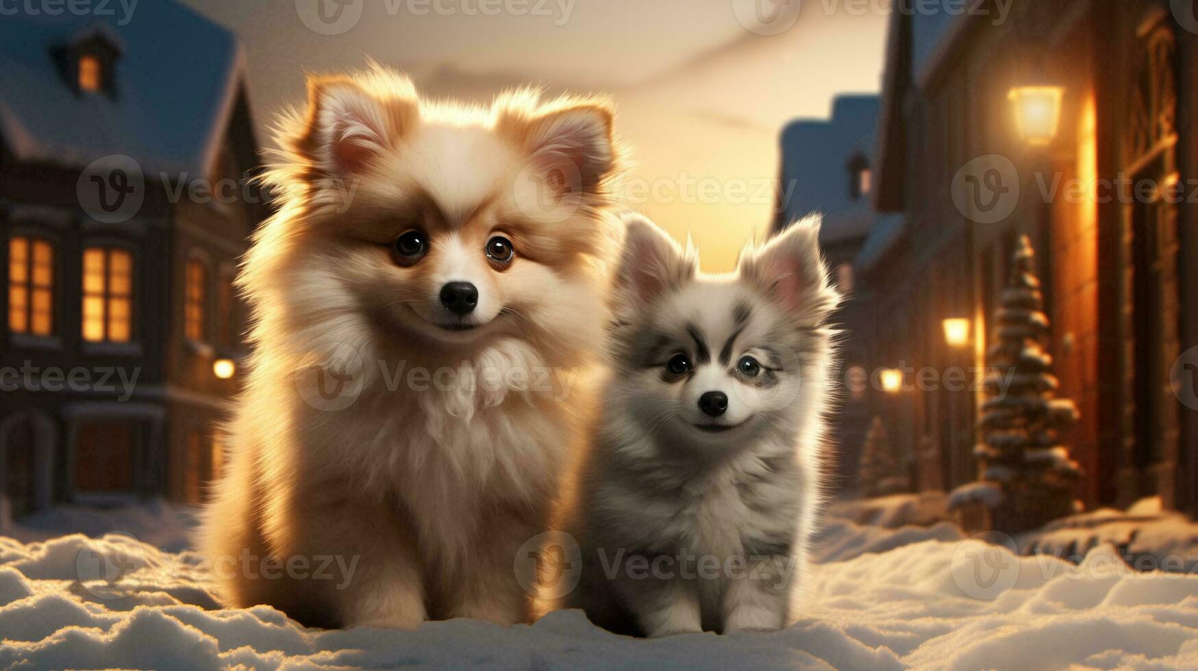 ai generado dos pequeño perros sentado en el nieve en frente de un Navidad pueblo foto