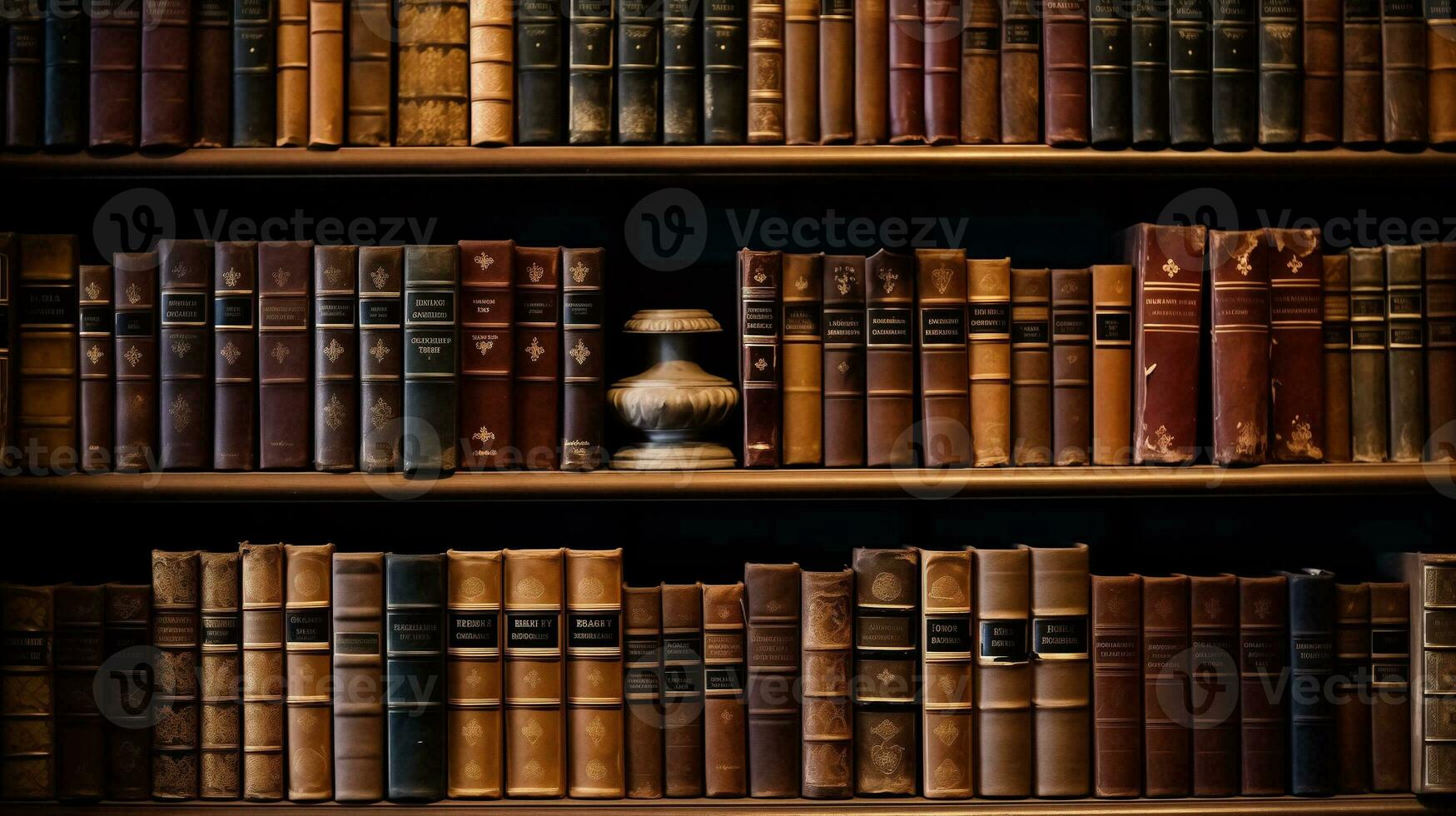 AI generated library shelves with vintage books photo