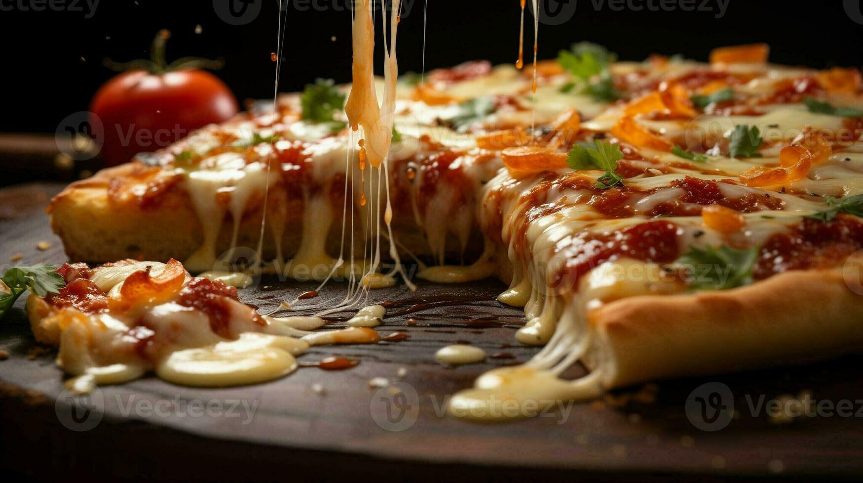 ai generado un Pizza con queso y salsa siendo vertido en eso foto