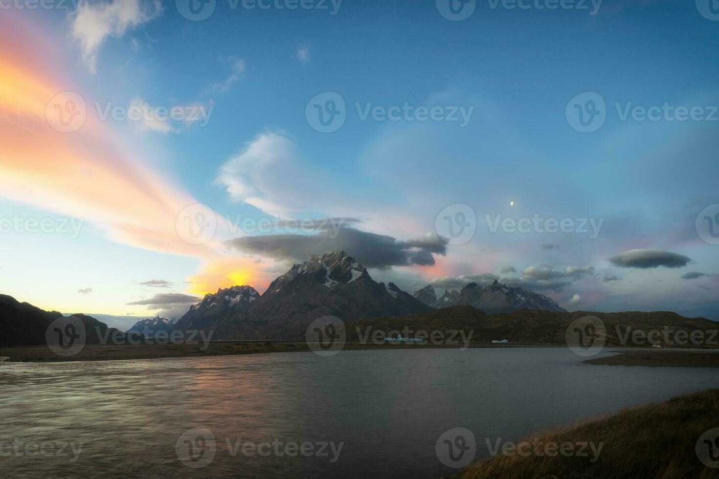 Cuernos del Paine and Lago Grey at sunset, Torres del Paine National Park, Chilean Patagonia, Chile photo