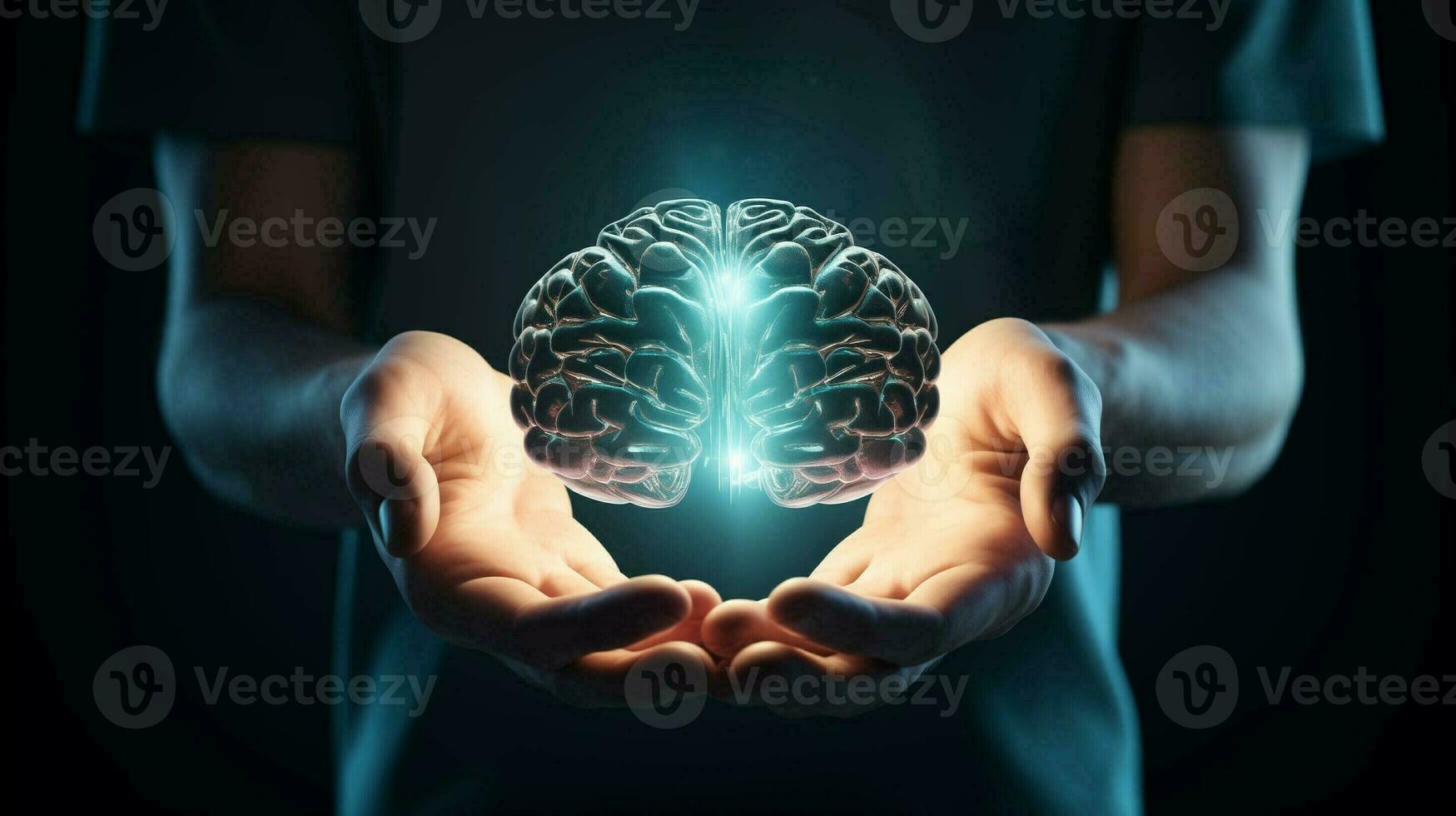 AI generated hands holding glowing brain in hands photo