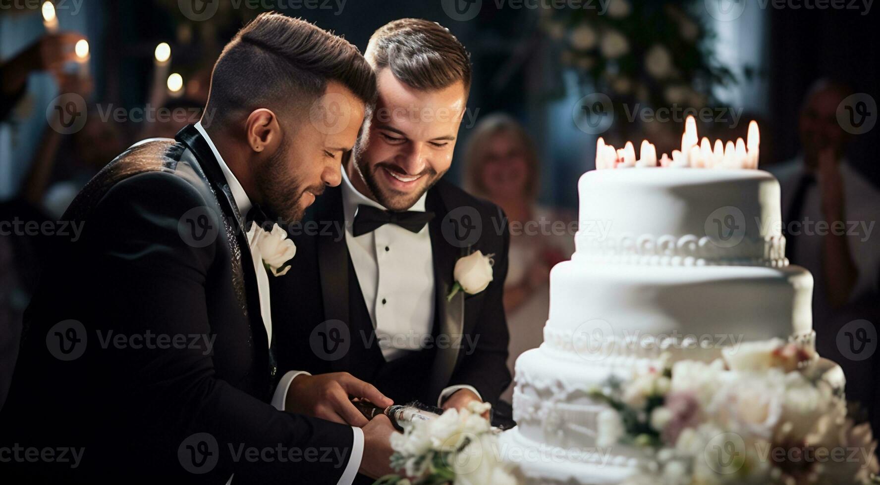 AI generated young gays wedding scene, wedding of young gays photo