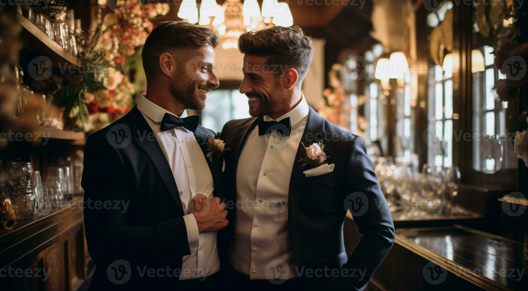 AI generated young gays wedding scene, wedding of young gays photo