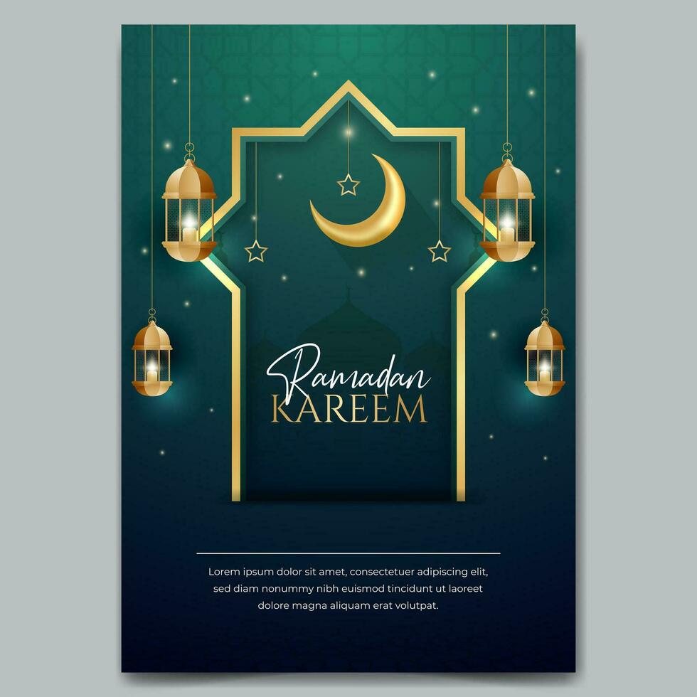 Ramadán kareem póster con islámico ornamento creciente Luna linterna estrellas ilustración vector