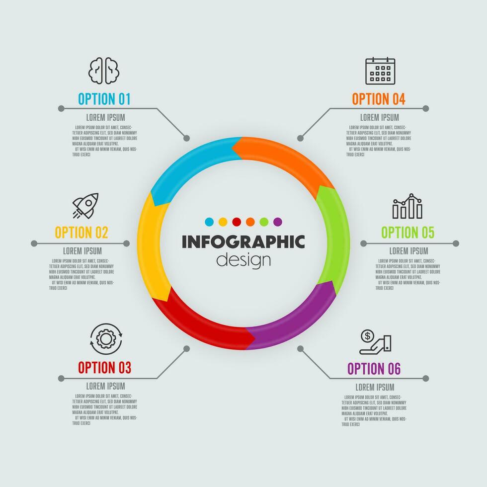 Vector infographic business data process diagram 6 option design element. Template for presentation.
