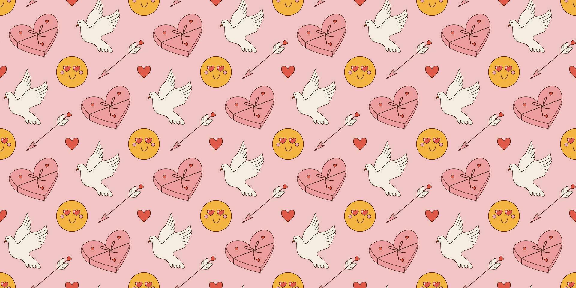 Valentines Day seamless pattern. Vector cartoon background with pigeon and arrows