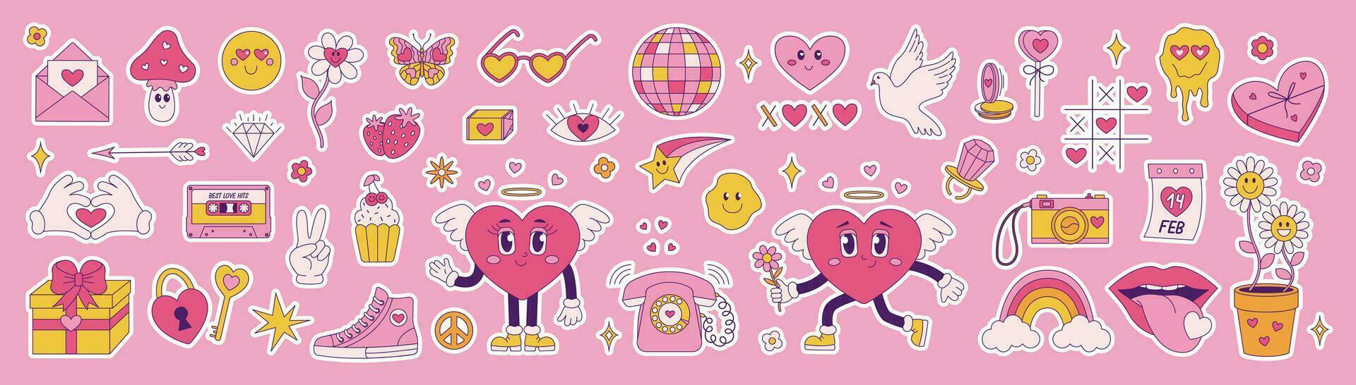 Retro groovy big set for Valentines Day. Hippie love sticker, funny characters in shape of heart, trend 60s 70s. Vector cartoon illustration