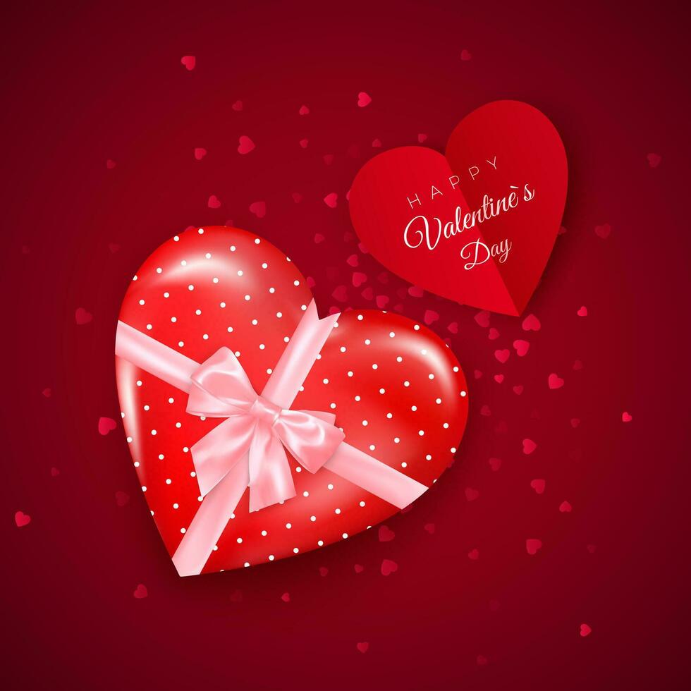 Gift in hearts shaped box with pink silk bow and Valentines greeting card. Present for Valentine's day decorated confetti. Vector