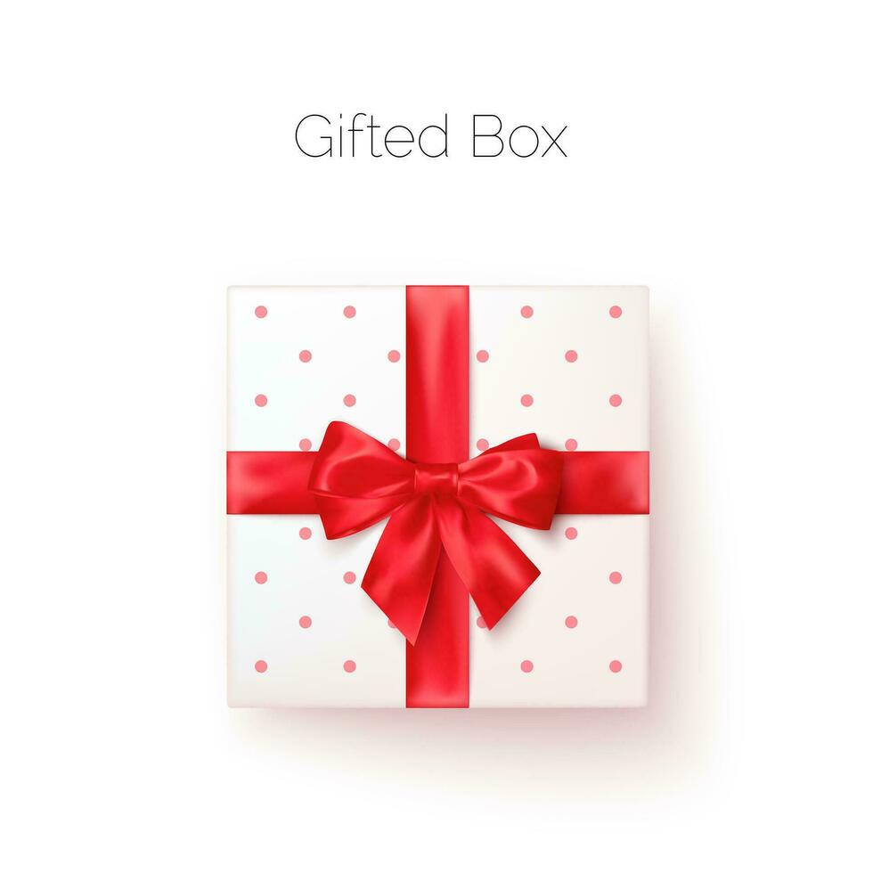 White gift box with red silk bow in realistic style top view. Vector