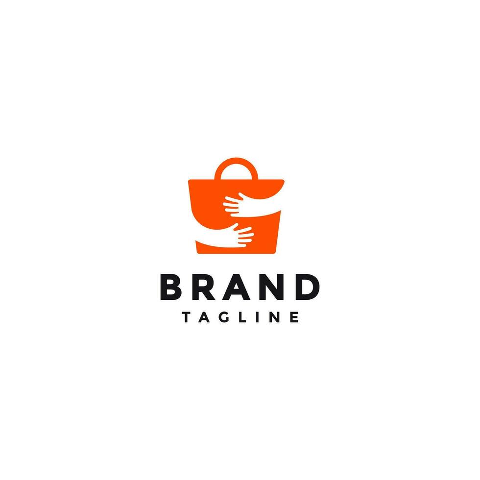 Hugging a Shopping Bag Logo Design. Shopping Bag Icon With Two Hands Hugging Silhouette. vector
