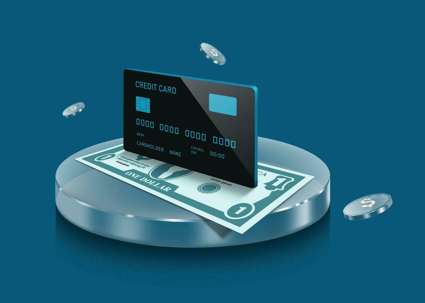 Black credit cards and dollar bills are placed on a round clear glass podium and there were coins floating around in mid-air vector