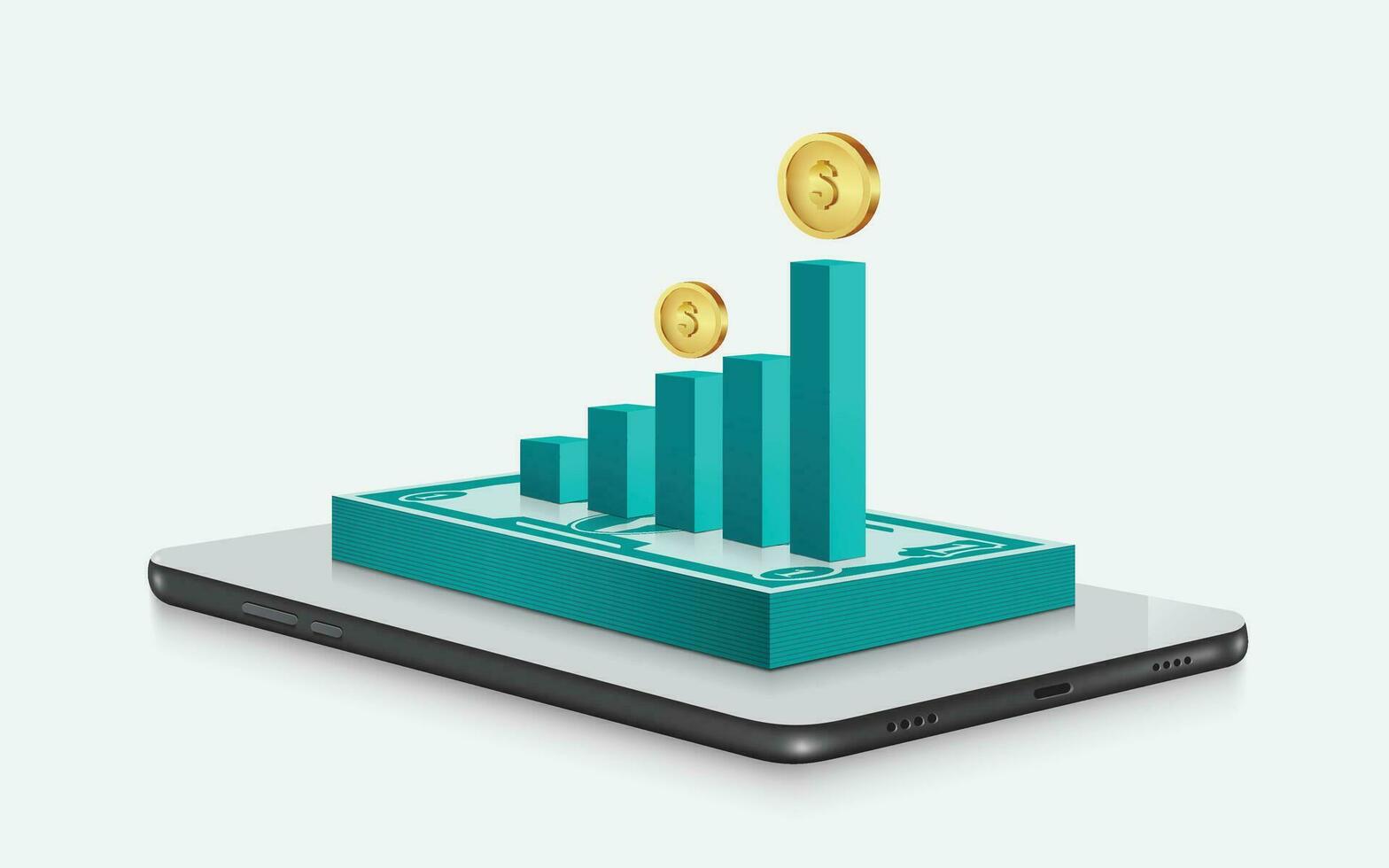 green bar graph chart steps from low to high show results of progress and there is dollar coin at  top and all place on dollar banknote and smartphone vector