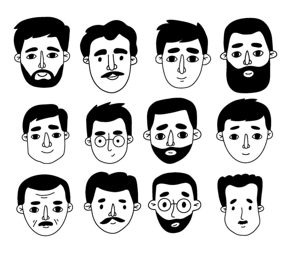 Men portraits Male doodles set Isolated vector Collection hand drawn drawings of men heads.