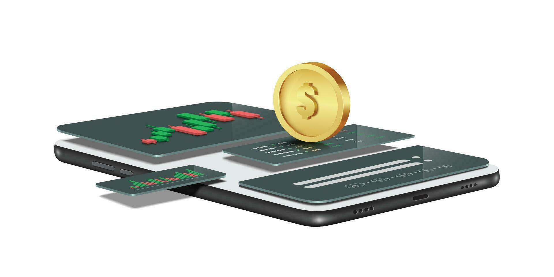 Dollar coin laying on smartphone screen that is Examples of application templates for trading stocks or trading  cryptocurrency vector