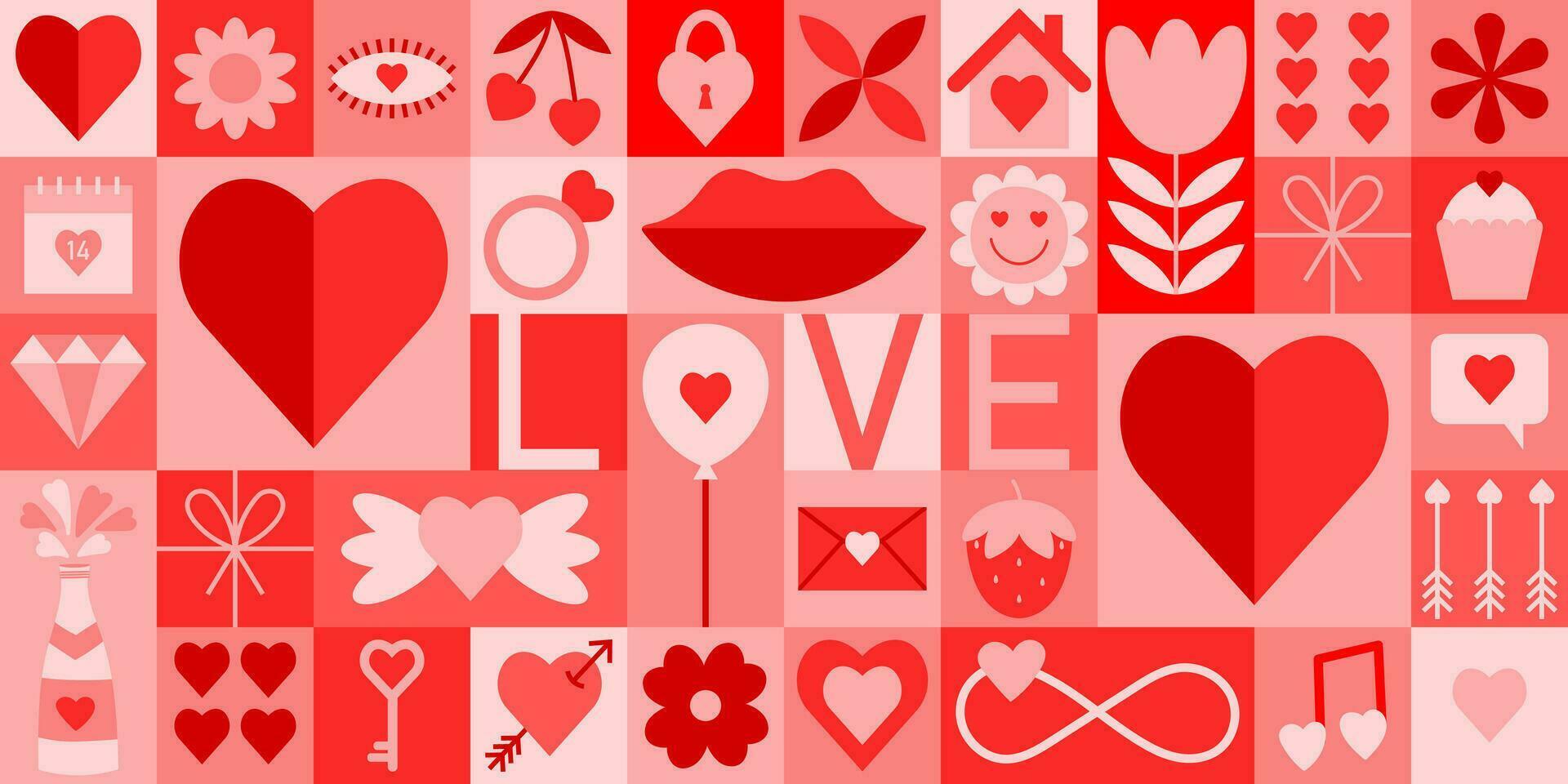 Bauhaus Valentine's day geometric seamless pattern with simple shapes and icons in flat minimalist style. Modern vector ornament for print, banner, card, fabric, cover, wrappping paper, wallpaper