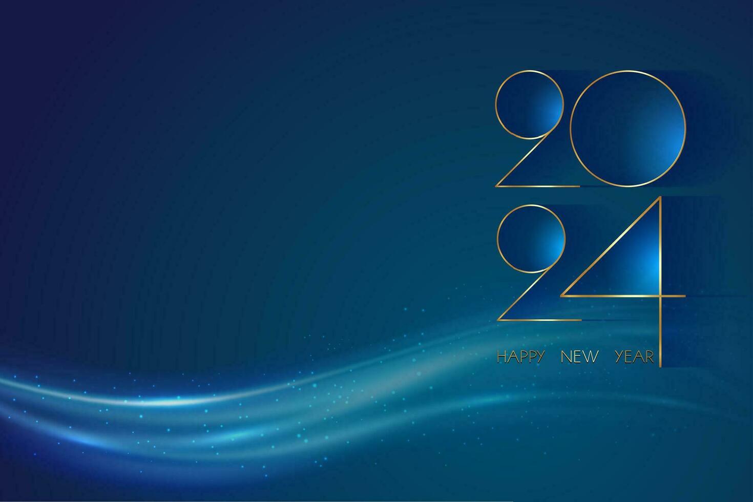 Happy new year 2024 luxury golden thin numerals and shiny wave design on blue background. Happy Holyday number, Gold foil logo, greeting card. Vector Premium symbol isolated, copy space for text