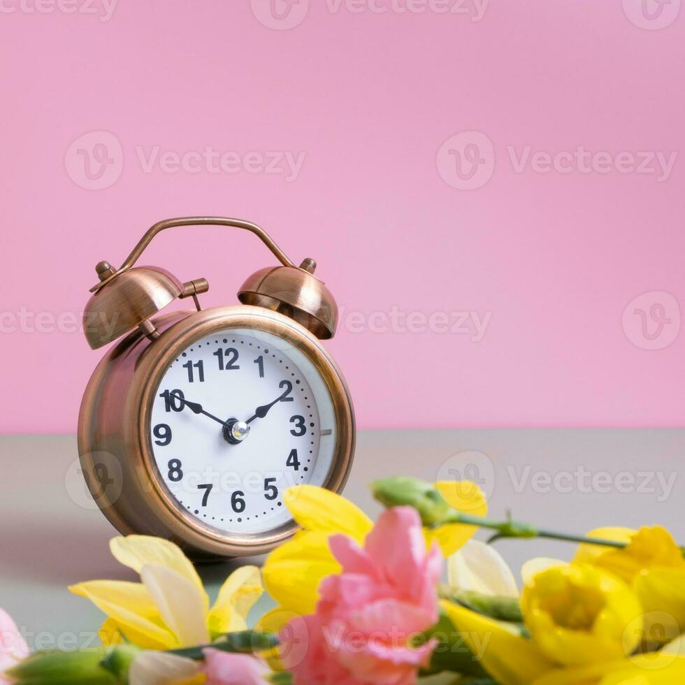 Alarm clock with spring flowers on color background. Spring time, daylight savings concept, spring forward. Copy space. photo