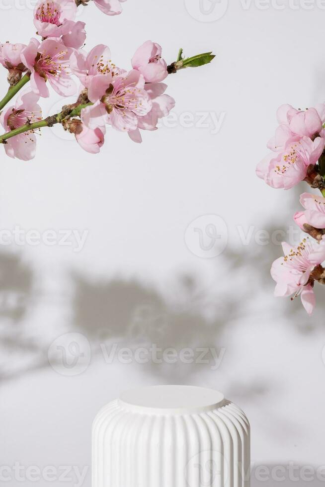 Empty podium or pedestal for cosmetics product decorated with cherry blossom twigs. Spring cosmetic template photo