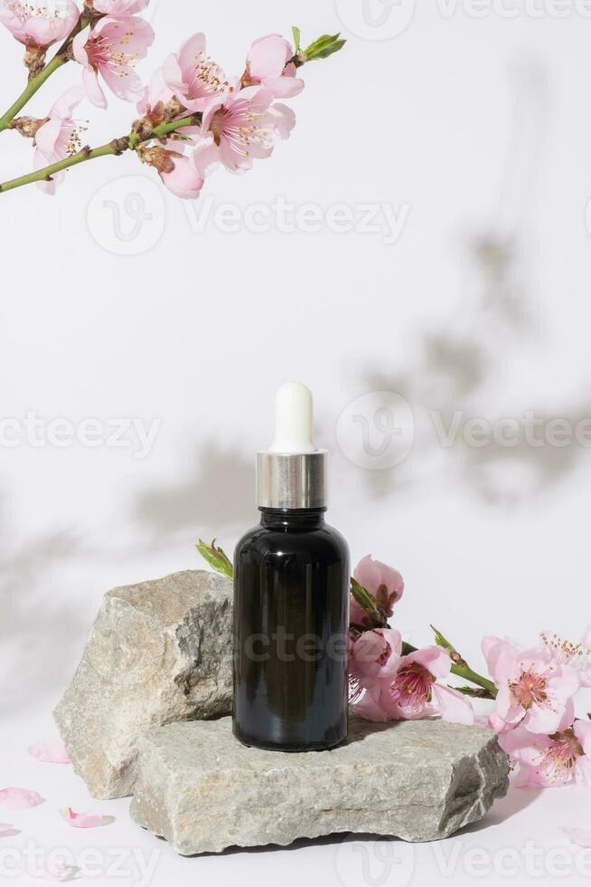Dropper bottle mock up on podium or pedestal from nature stone decorated with cherry blossom twigs photo
