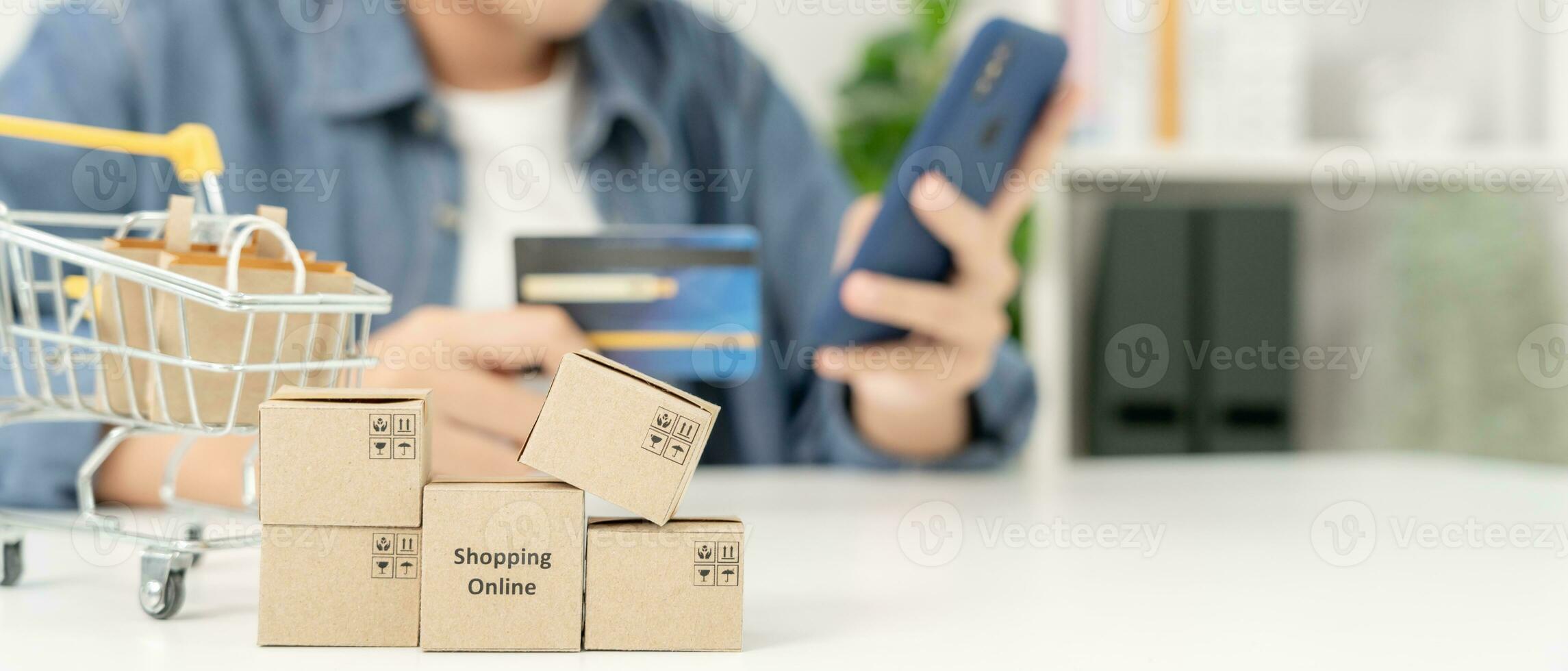 woman using smartphone for online shopping at home. stay home, technology, electronic commerce, internet, market place, final or summer or big sale, payment, discount for credit, offer, Low price photo