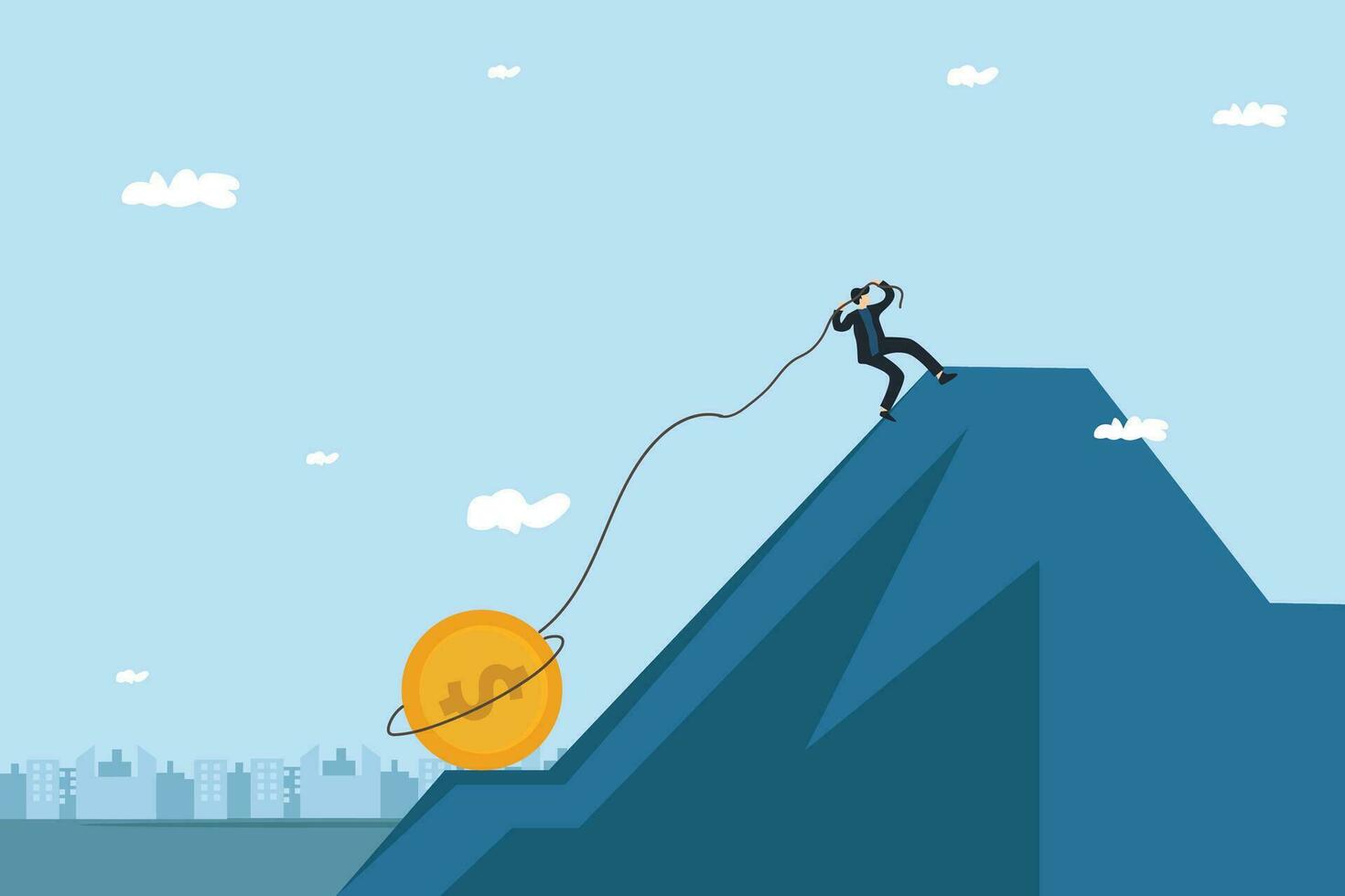 businessman pulling coins up the mountain with a rope. emerge from the crisis. financial business economics vector