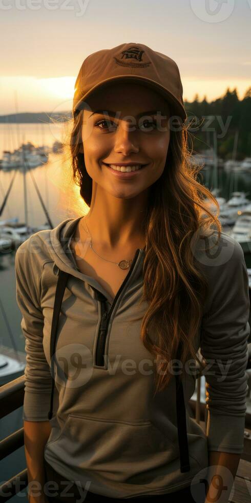 ai generado un mujer es vistiendo un camiseta al aire libre a atardecer, generativo ai foto