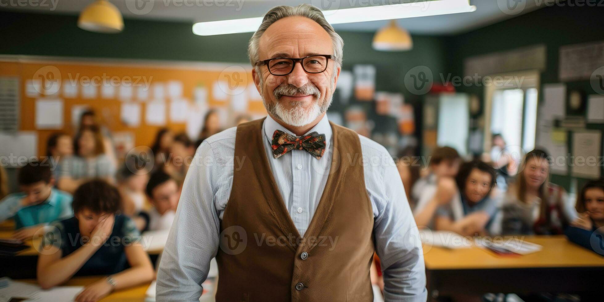 AI generated teacher standing in classroom with his arms crossed, generative AI photo