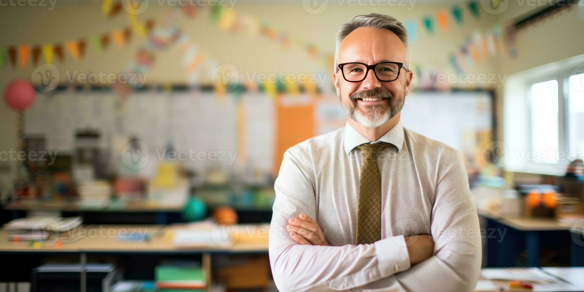 AI generated teacher standing in classroom with his arms crossed, generative AI photo