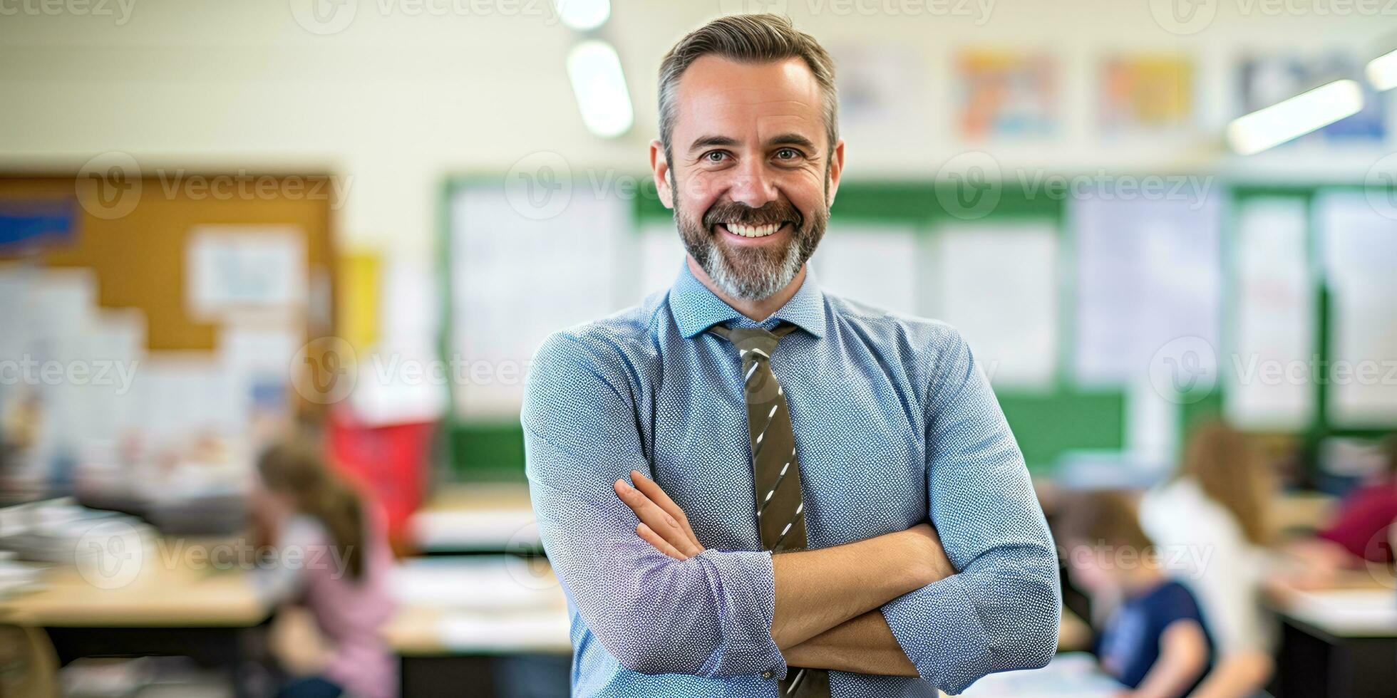 AI generated teacher standing in classroom with his arms crossed, generative AI photo