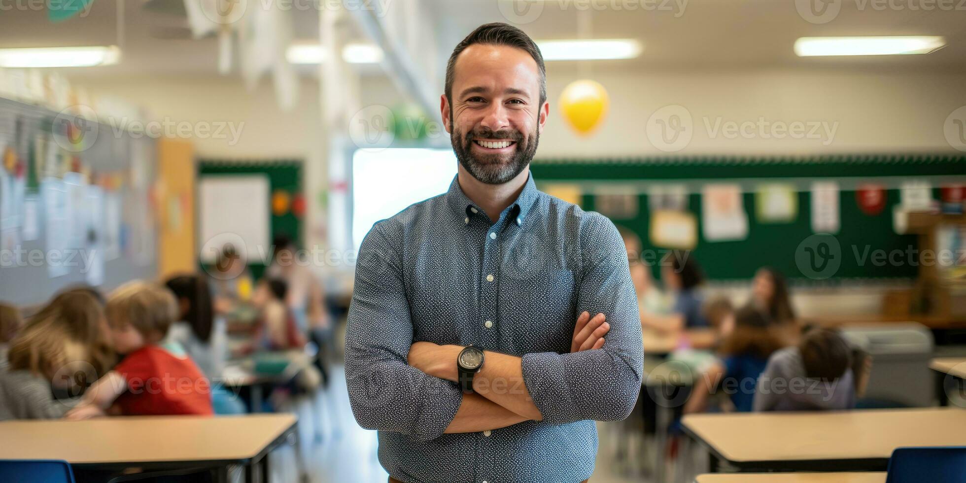 ai generado profesor en pie en salón de clases con su brazos cruzado, generativo ai foto