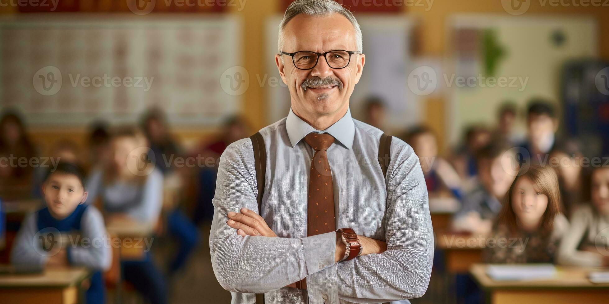 AI generated teacher standing in classroom with his arms crossed, generative AI photo