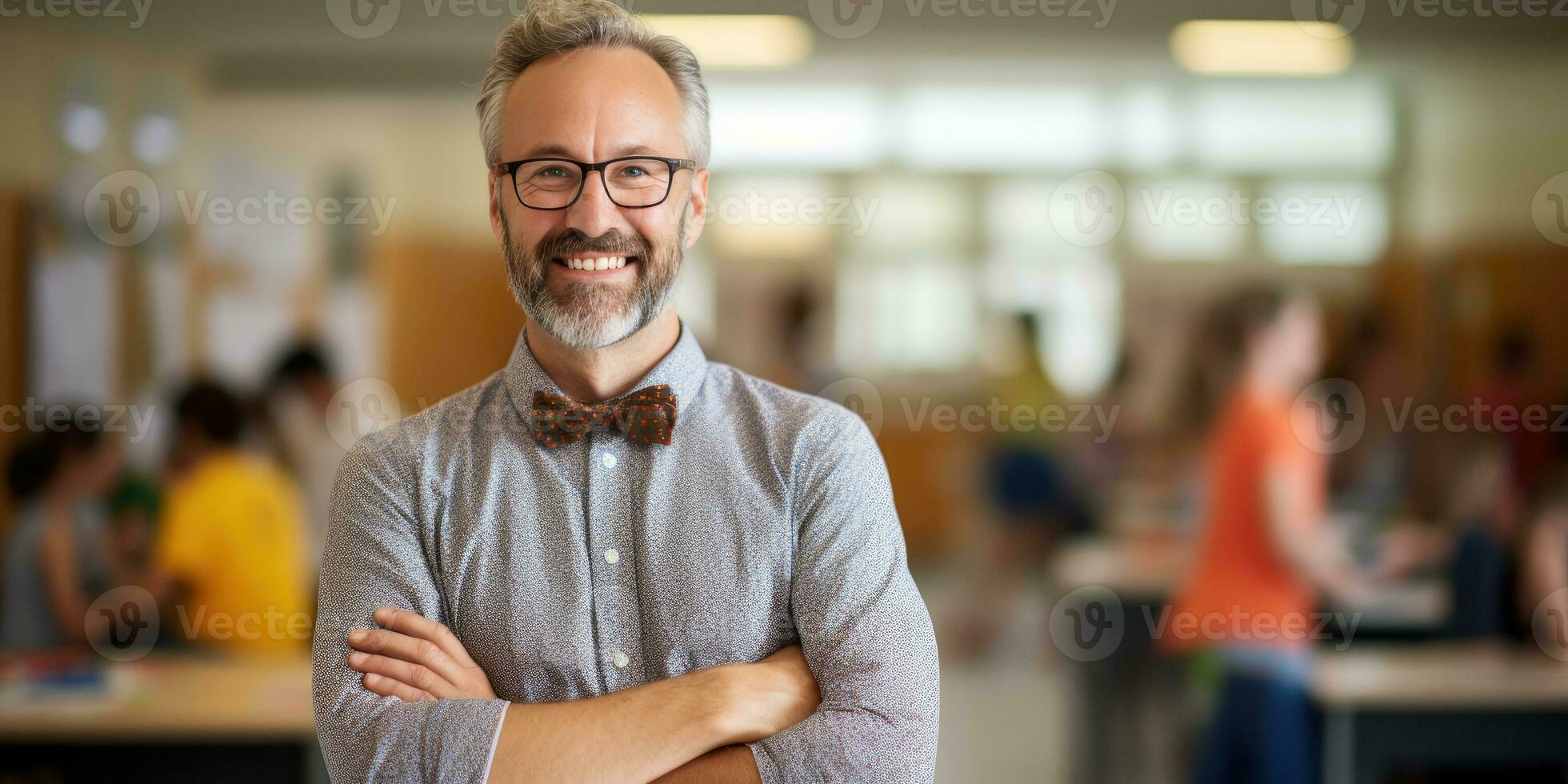 AI generated teacher standing in classroom with his arms crossed, generative AI photo