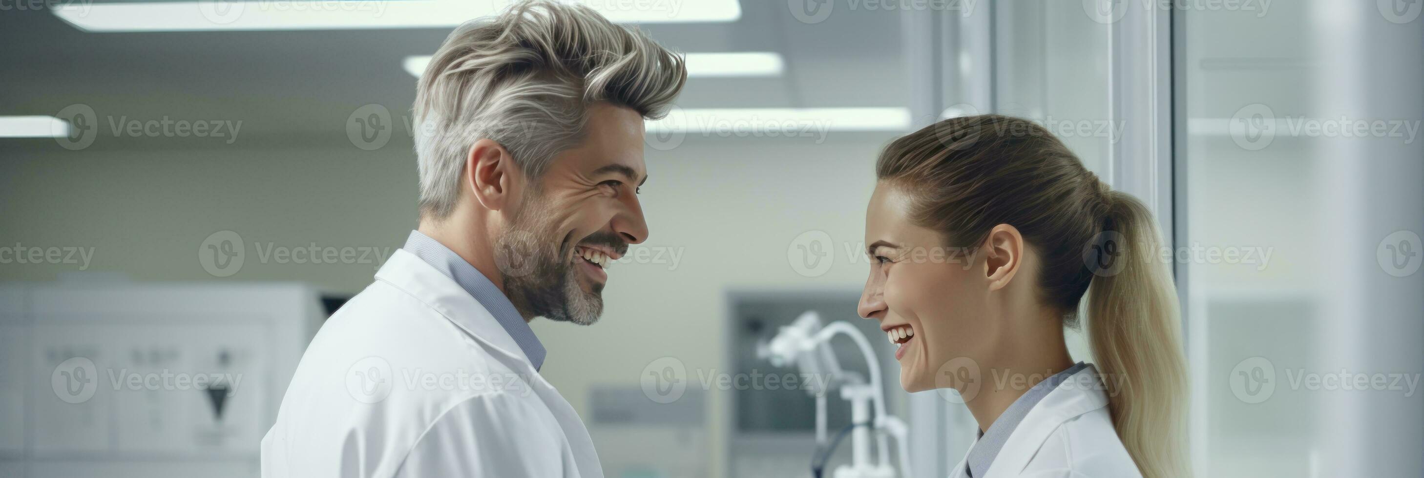 AI generated scientist and a lab assistant speaking in the laboratory, generative AI photo