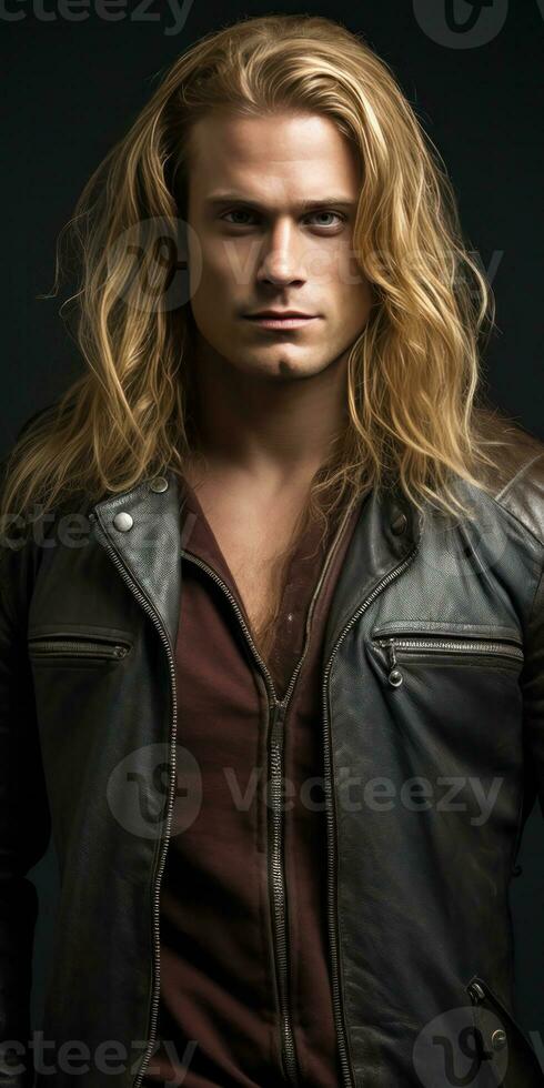 AI generated smiling man in leather jacket with long blonde hair, generative AI photo