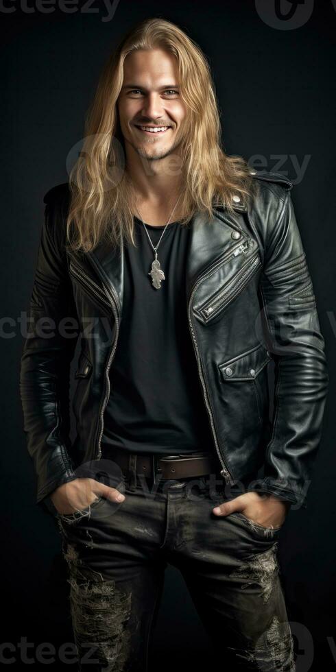 AI generated smiling man in leather jacket with long blonde hair, generative AI photo