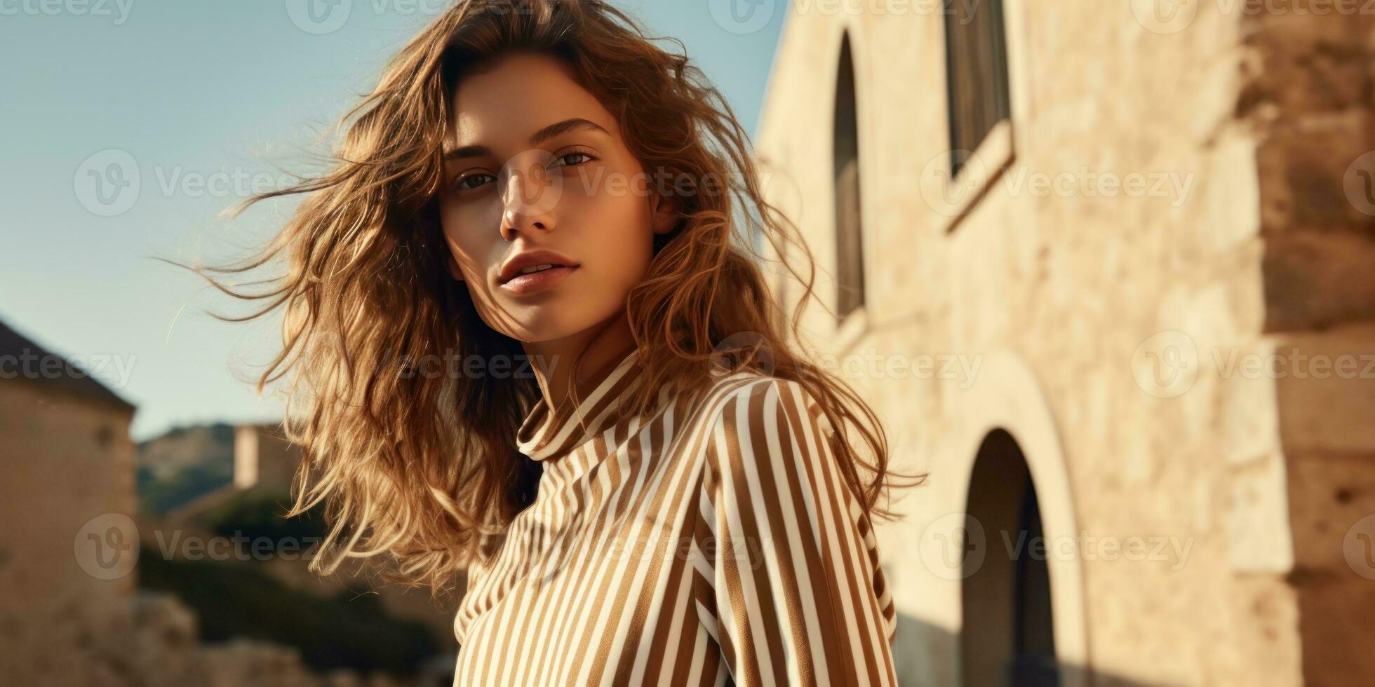 AI generated a woman in a striped striped shirt is posing in front of an old tower, generative AI photo
