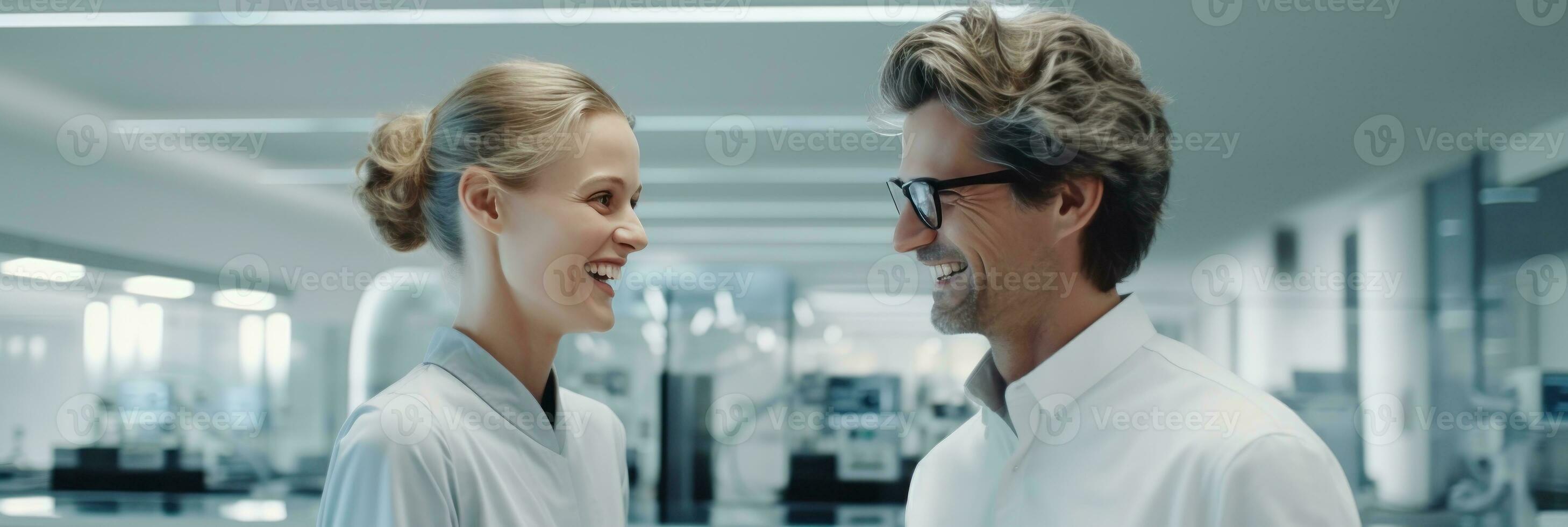 AI generated scientist and a lab assistant speaking in the laboratory, generative AI photo