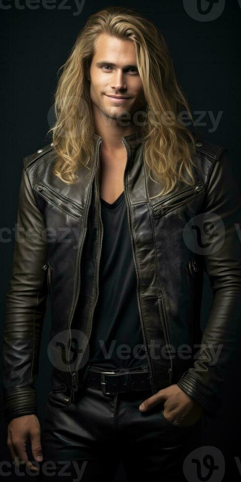 AI generated smiling man in leather jacket with long blonde hair, generative AI photo