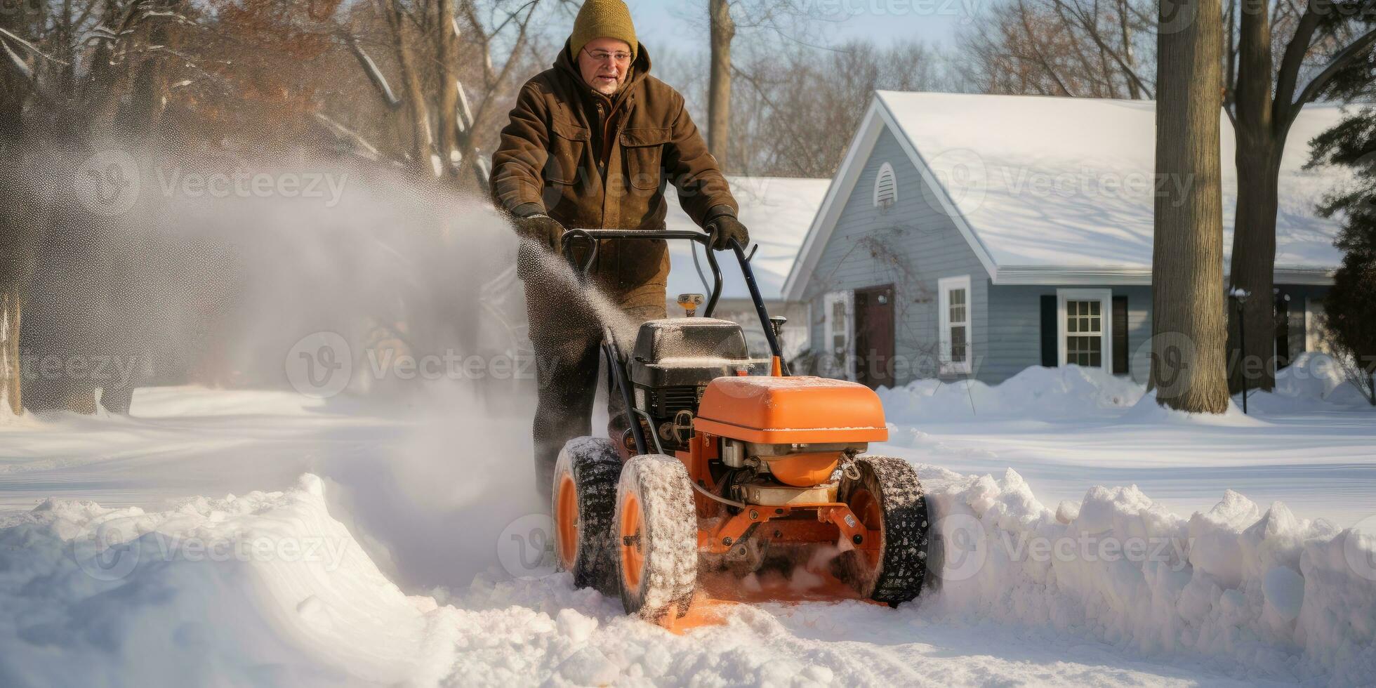 AI generated man uses snowblower to clear the driveway to prevent snow, generative AI photo