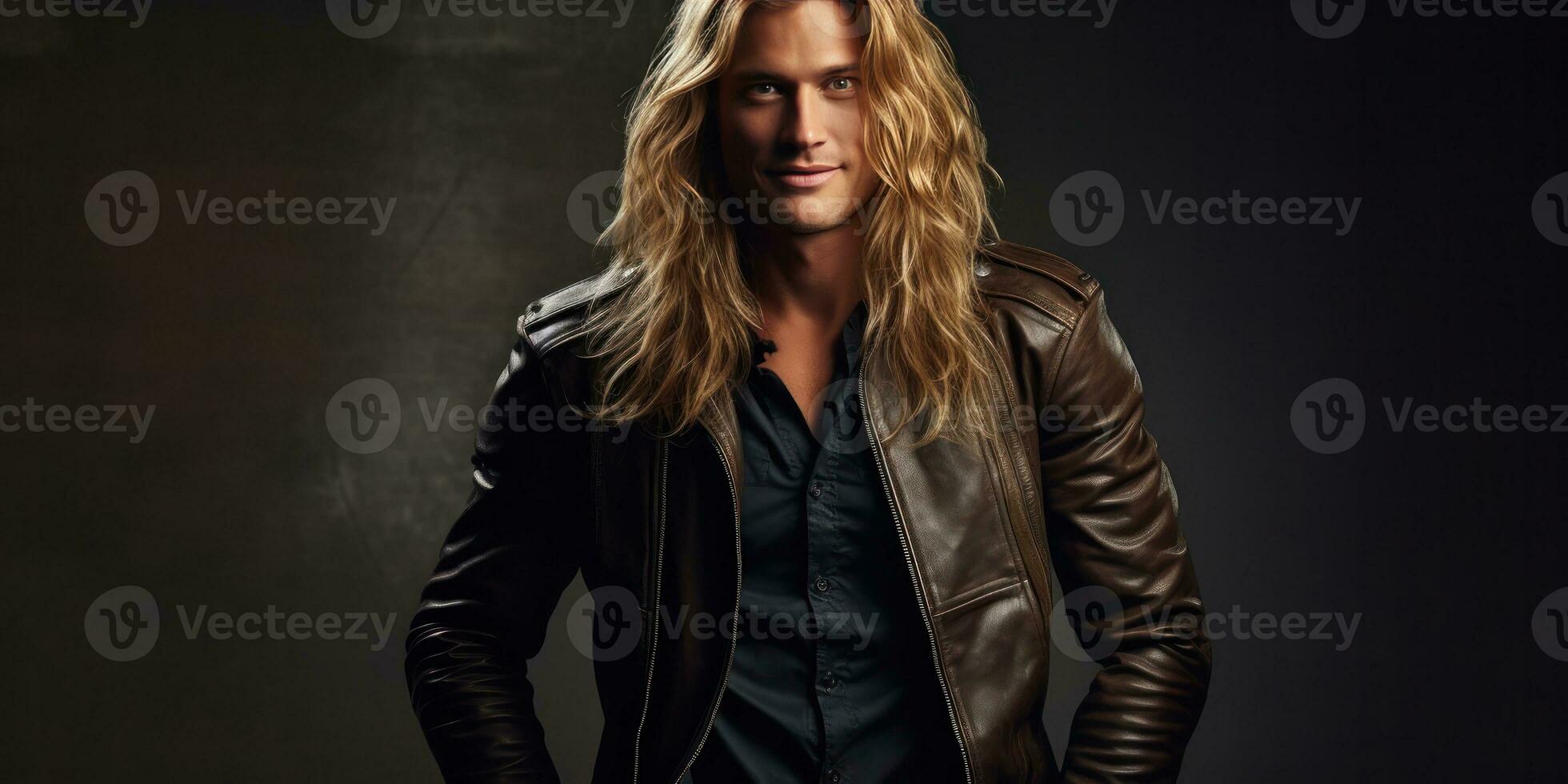 AI generated smiling man in leather jacket with long blonde hair, generative AI photo
