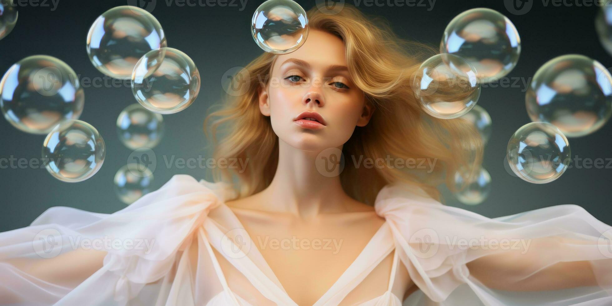 AI generated young beautiful lady in dress with soaping bubbles, generative AI photo