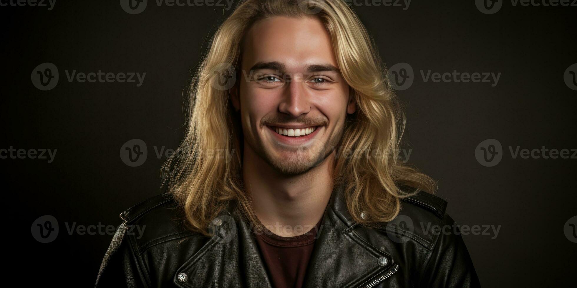 AI generated smiling man in leather jacket with long blonde hair, generative AI photo