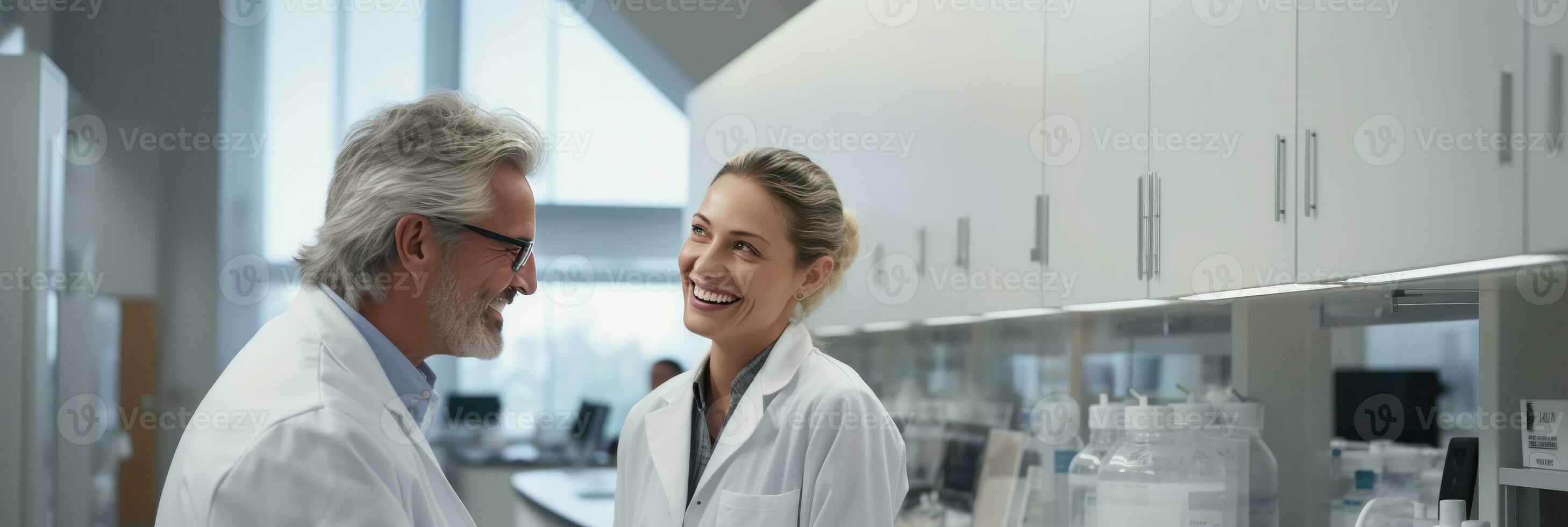 AI generated scientist and a lab assistant speaking in the laboratory, generative AI photo