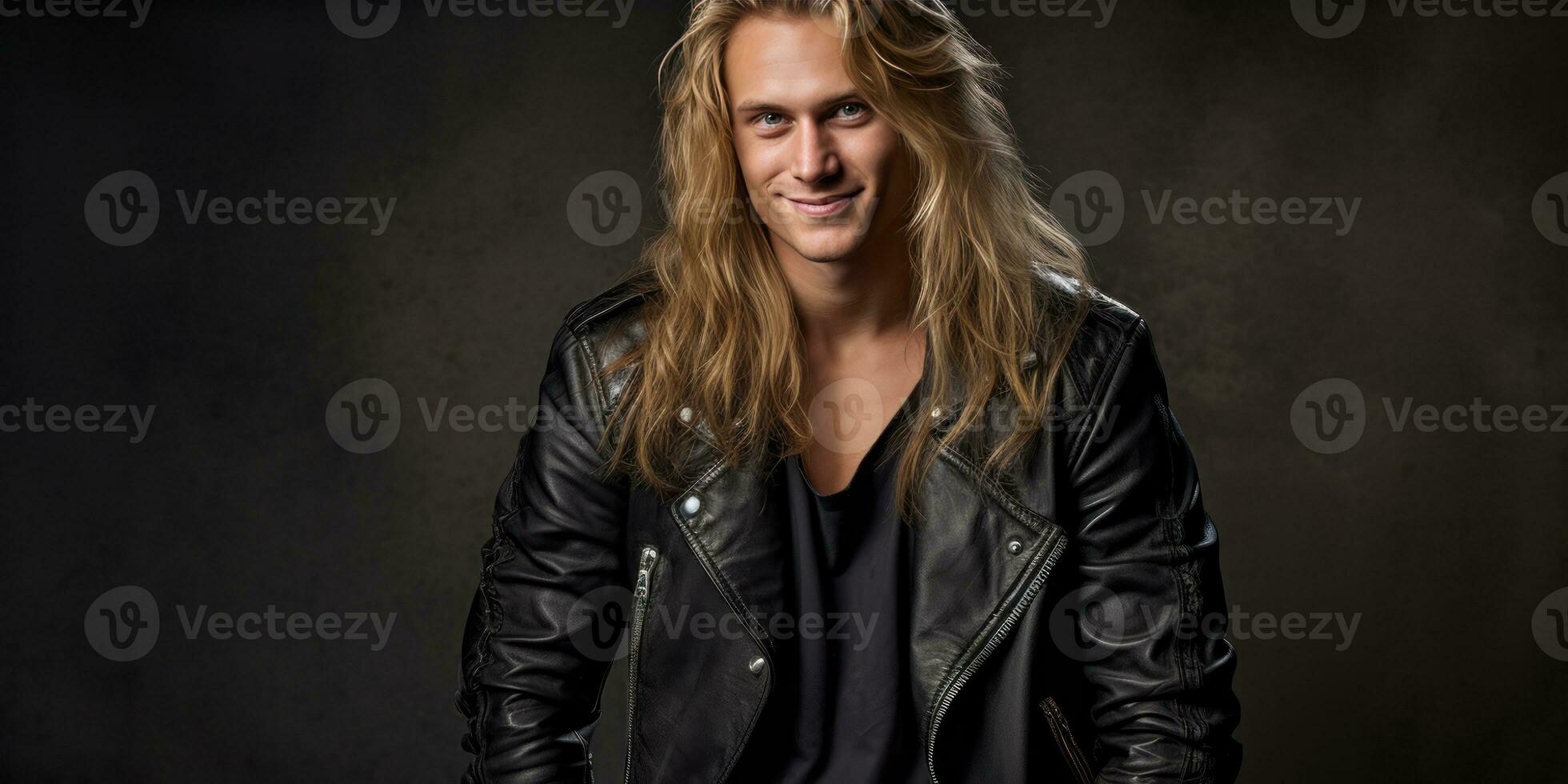 AI generated smiling man in leather jacket with long blonde hair, generative AI photo