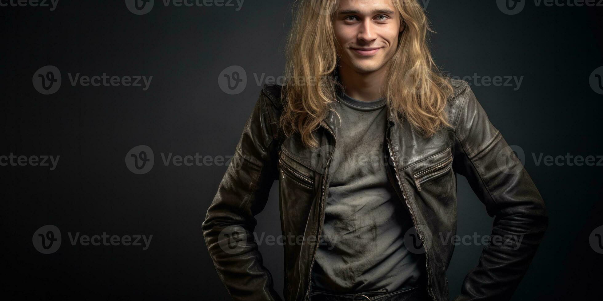 AI generated smiling man in leather jacket with long blonde hair, generative AI photo