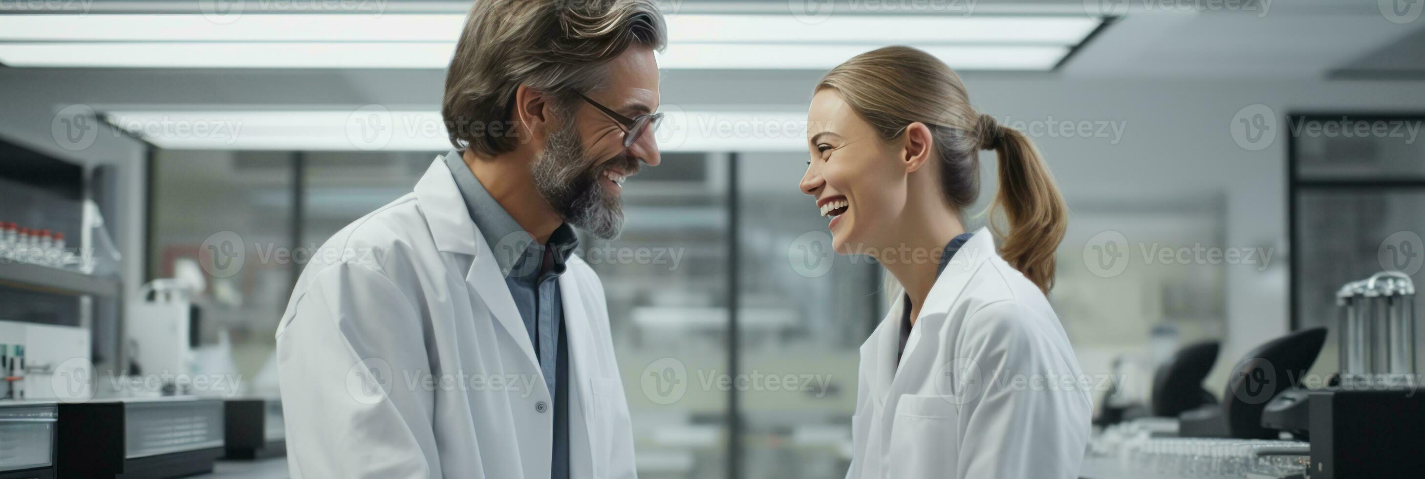 AI generated scientist and a lab assistant speaking in the laboratory, generative AI photo