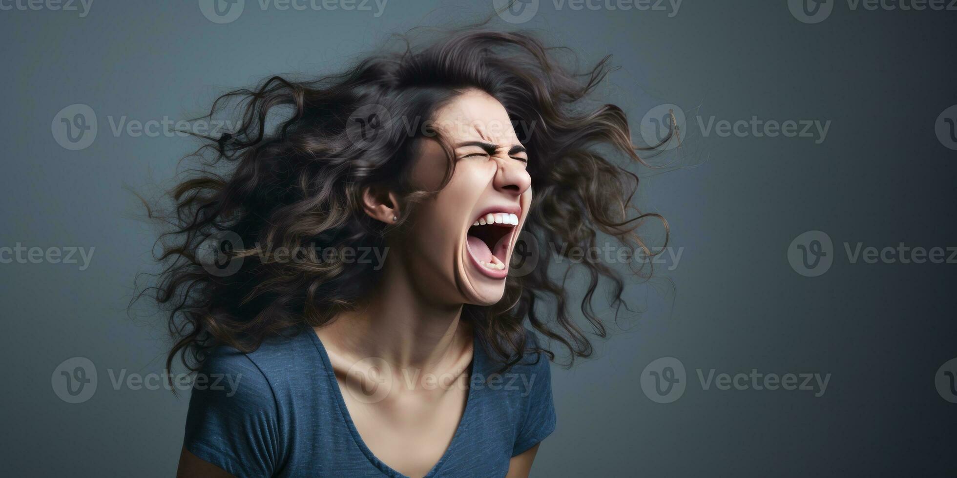 AI generated a woman screaming on grey background, generative AI photo