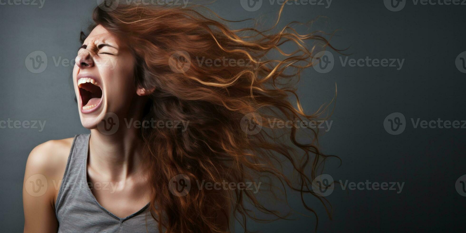 AI generated a woman screaming on grey background, generative AI photo