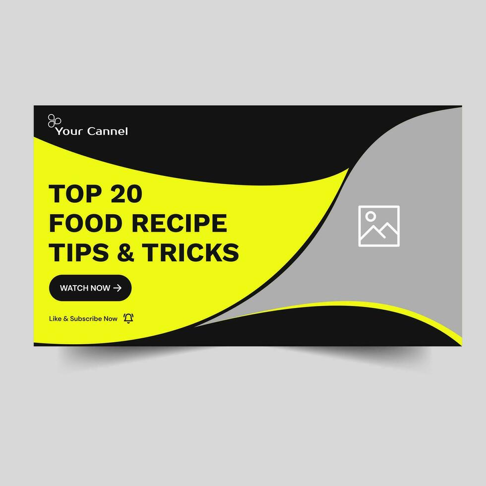 Fully customizable vector food recipe tips and tricks video cover banner design, food menu review video thumbnail banner design, vector eps 10 file format