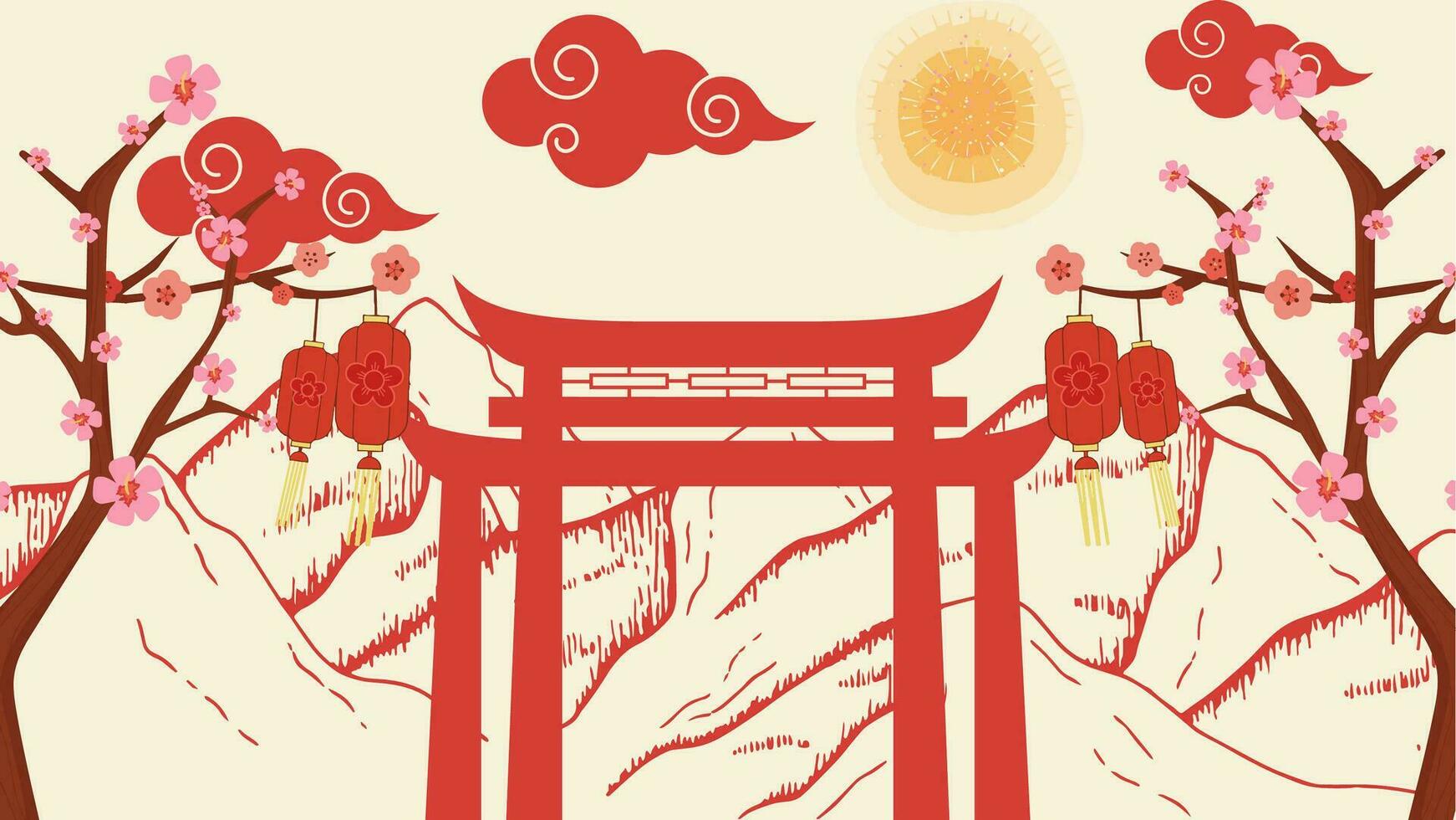 Vector graphic illustration of mountain views, gates, lantern, cherry blossom, chinese vibes. Suitable for celebrating Chinese New Year or other event.